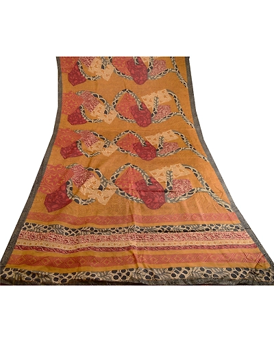 Sanskriti Vintage Sarees Brown Indian Printed Pure Silk Sari 5Yd Craft Fabric, PR-60558-Brown-Printed Floral Design-Pure Silk-7