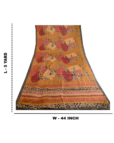 Sanskriti Vintage Sarees Brown Indian Printed Pure Silk Sari 5Yd Craft Fabric, PR-60558-Brown-Printed Floral Design-Pure Silk-8