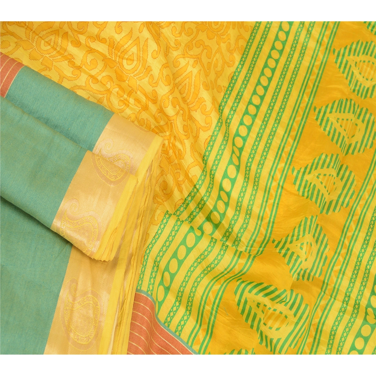 Sanskriti Vintage Sarees Yellow Printed Pure Silk Zari Border Sari Craft Fabric, PR-60563-Yellow-Printed Floral Design-Pure Silk-1