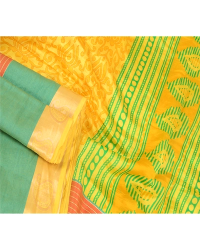 Sanskriti Vintage Sarees Yellow Printed Pure Silk Zari Border Sari Craft Fabric, PR-60563-Yellow-Printed Floral Design-Pure Silk-1