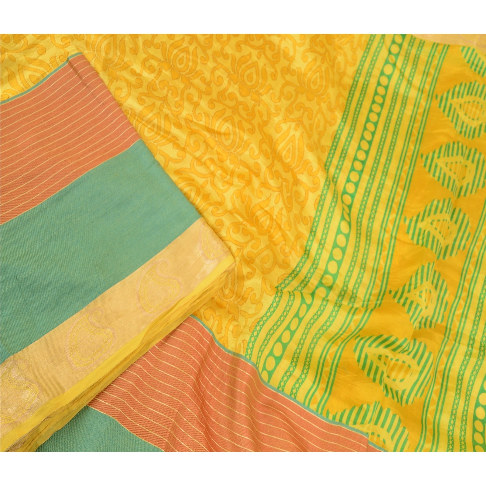 Sanskriti Vintage Sarees Yellow Printed Pure Silk Zari Border Sari Craft Fabric, PR-60563-Yellow-Printed Floral Design-Pure Silk-2