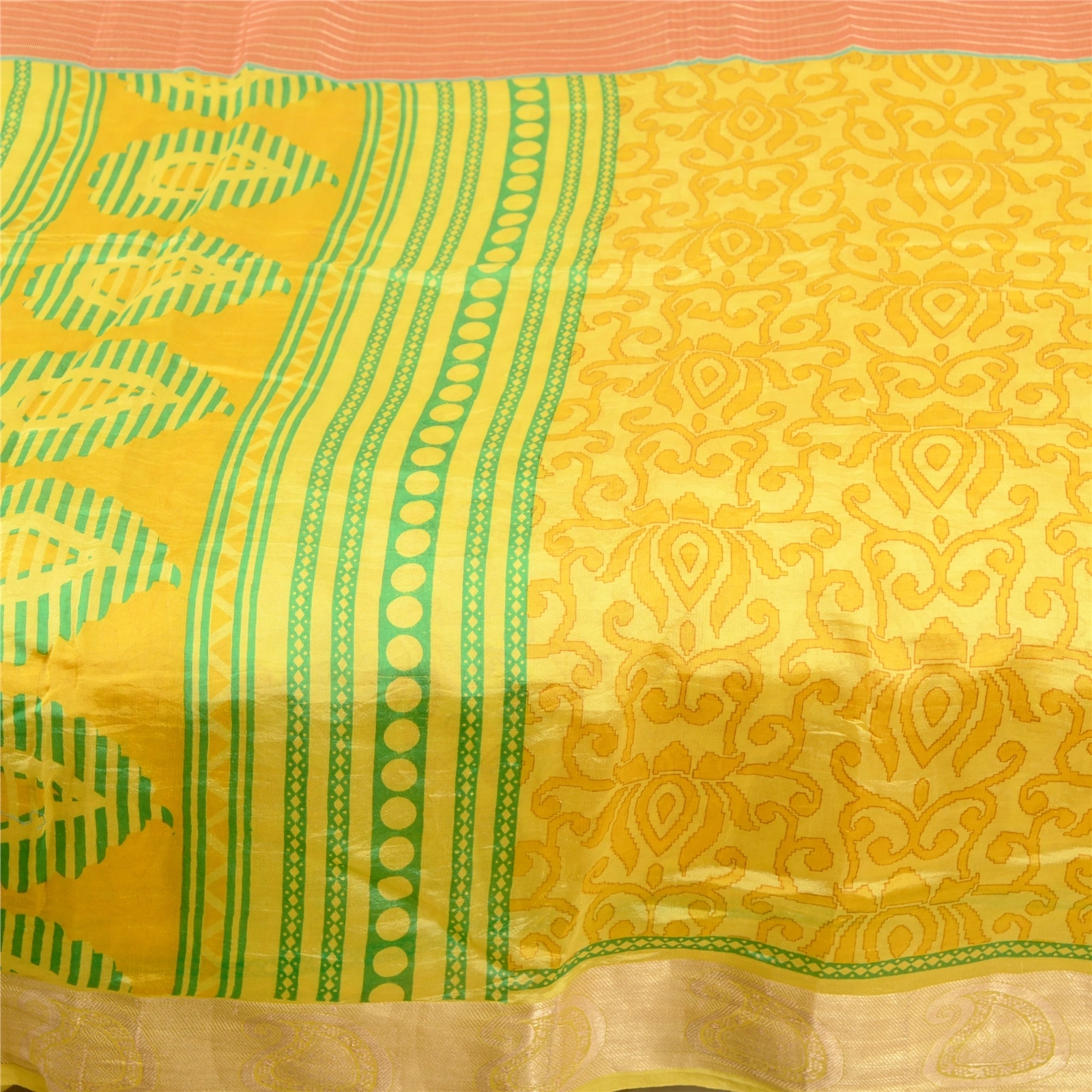 Sanskriti Vintage Sarees Yellow Printed Pure Silk Zari Border Sari Craft Fabric, PR-60563-Yellow-Printed Floral Design-Pure Silk-3