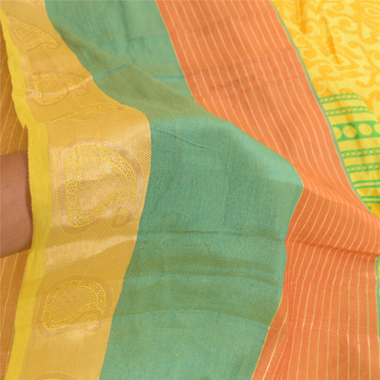 Sanskriti Vintage Sarees Yellow Printed Pure Silk Zari Border Sari Craft Fabric, PR-60563-Yellow-Printed Floral Design-Pure Silk-5