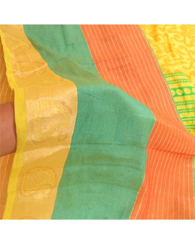 Sanskriti Vintage Sarees Yellow Printed Pure Silk Zari Border Sari Craft Fabric, PR-60563-Yellow-Printed Floral Design-Pure Silk-5