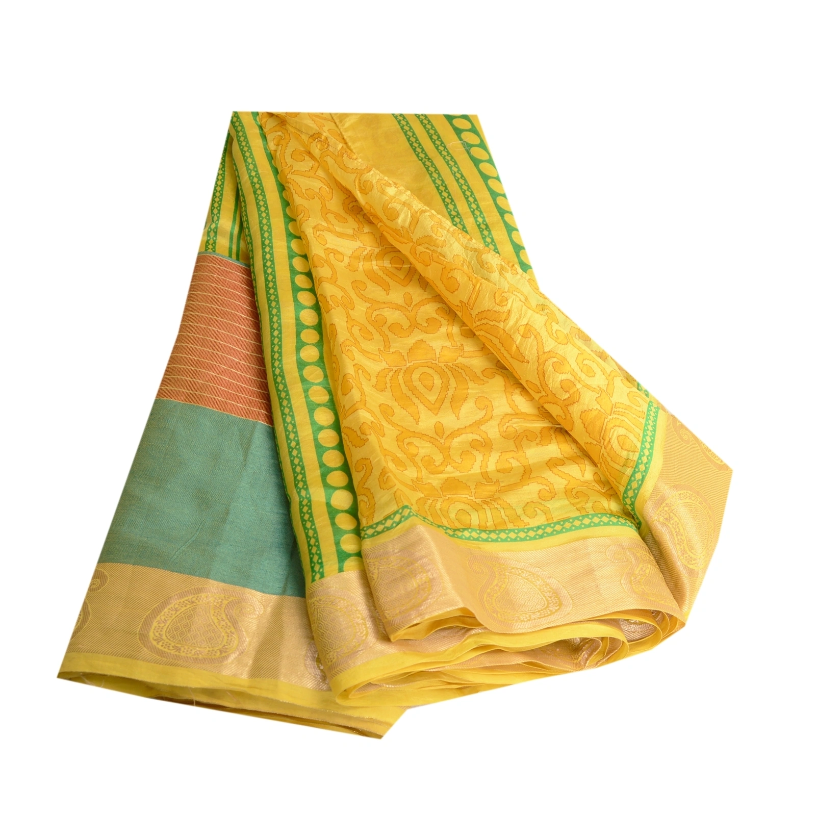 Sanskriti Vintage Sarees Yellow Printed Pure Silk Zari Border Sari Craft Fabric, PR-60563-Yellow-Printed Floral Design-Pure Silk-6