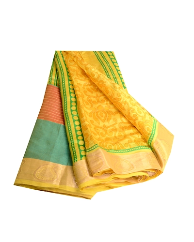 Sanskriti Vintage Sarees Yellow Printed Pure Silk Zari Border Sari Craft Fabric, PR-60563-Yellow-Printed Floral Design-Pure Silk-6