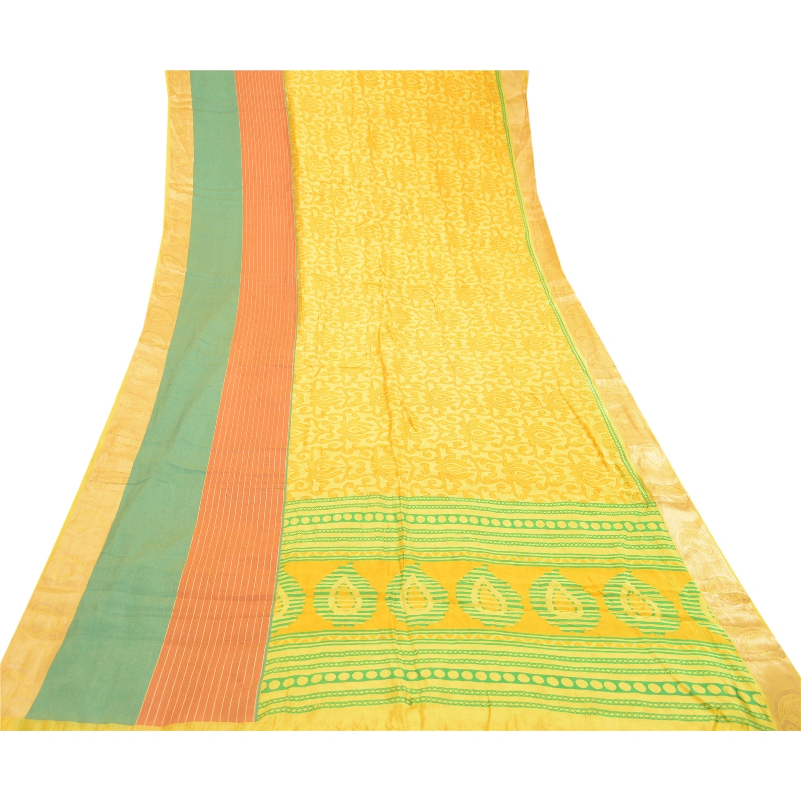 Sanskriti Vintage Sarees Yellow Printed Pure Silk Zari Border Sari Craft Fabric, PR-60563-Yellow-Printed Floral Design-Pure Silk-7