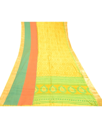 Sanskriti Vintage Sarees Yellow Printed Pure Silk Zari Border Sari Craft Fabric, PR-60563-Yellow-Printed Floral Design-Pure Silk-7