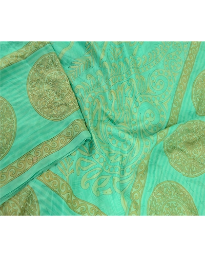 Sanskriti Vintage Sarees Printed Green 100% Pure Silk Sari Soft 5Yd Craft Fabric, PR-60569-Green-Printed Floral Design-Pure Silk-2