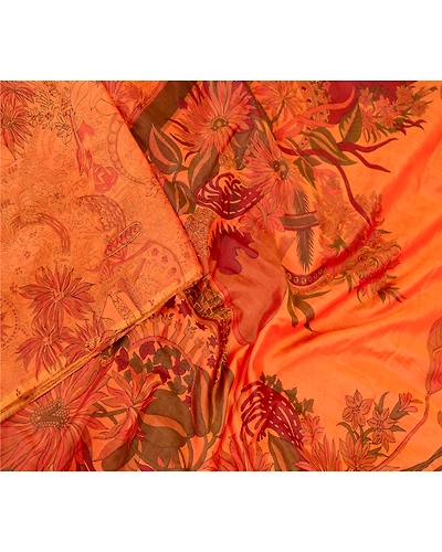 Sanskriti Vintage Sarees Saffron Indian Pure Silk Printed Sari Soft Craft Fabric, PR-60577-Saffron-Printed Floral Design-Pure Silk-1