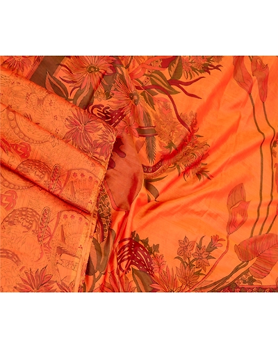 Sanskriti Vintage Sarees Saffron Indian Pure Silk Printed Sari Soft Craft Fabric, PR-60577-Saffron-Printed Floral Design-Pure Silk-2