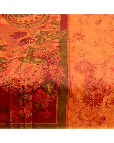 Sanskriti Vintage Sarees Saffron Indian Pure Silk Printed Sari Soft Craft Fabric, PR-60577-Saffron-Printed Floral Design-Pure Silk-3