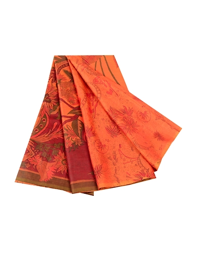 Sanskriti Vintage Sarees Saffron Indian Pure Silk Printed Sari Soft Craft Fabric, PR-60577-Saffron-Printed Floral Design-Pure Silk-6