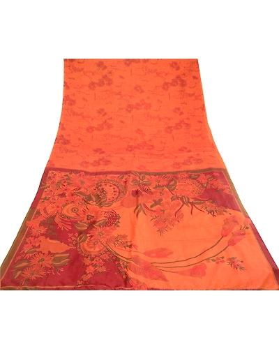 Sanskriti Vintage Sarees Saffron Indian Pure Silk Printed Sari Soft Craft Fabric, PR-60577-Saffron-Printed Floral Design-Pure Silk-7