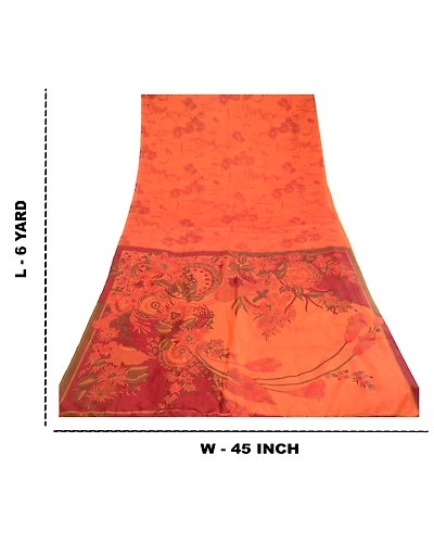 Sanskriti Vintage Sarees Saffron Indian Pure Silk Printed Sari Soft Craft Fabric, PR-60577-Saffron-Printed Floral Design-Pure Silk-8