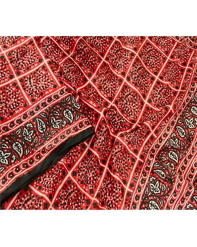 Sanskriti Vintage Sarees Red Bandhani Printed Pure Silk Sari 5Yd Craft Fabric, PR-60582-Red-Printed Floral Design-Pure Silk-1