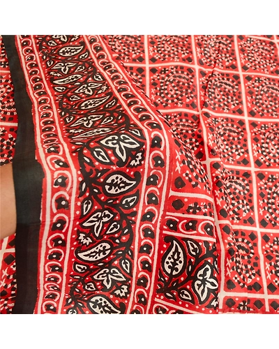 Sanskriti Vintage Sarees Red Bandhani Printed Pure Silk Sari 5Yd Craft Fabric, PR-60582-Red-Printed Floral Design-Pure Silk-5