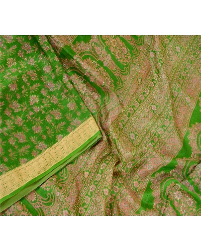 Sanskriti Vintage Sarees Green Indian Pure Silk Printed Sari Floral Craft Fabric, PR-60589-Green-Printed Floral Design-Pure Silk-1
