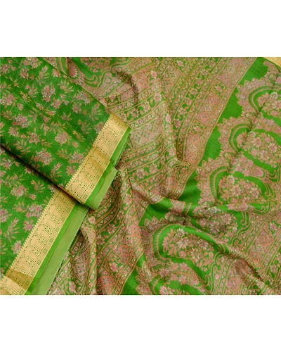 Sanskriti Vintage Sarees Green Indian Pure Silk Printed Sari Floral Craft Fabric, PR-60589-Green-Printed Floral Design-Pure Silk-2