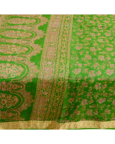 Sanskriti Vintage Sarees Green Indian Pure Silk Printed Sari Floral Craft Fabric, PR-60589-Green-Printed Floral Design-Pure Silk-3