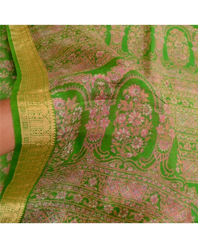 Sanskriti Vintage Sarees Green Indian Pure Silk Printed Sari Floral Craft Fabric, PR-60589-Green-Printed Floral Design-Pure Silk-5
