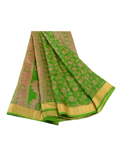 Sanskriti Vintage Sarees Green Indian Pure Silk Printed Sari Floral Craft Fabric, PR-60589-Green-Printed Floral Design-Pure Silk-6
