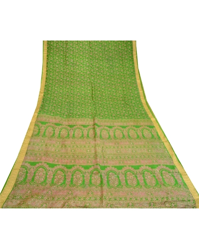 Sanskriti Vintage Sarees Green Indian Pure Silk Printed Sari Floral Craft Fabric, PR-60589-Green-Printed Floral Design-Pure Silk-7