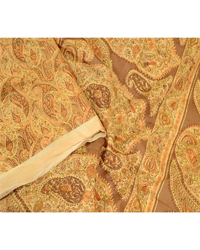 Sanskriti Vintage Sarees Beige Pure Silk Printed Sari Floral 5Yd Craft Fabric, PR-60593-Beige-Printed Floral Design-Pure Silk-1