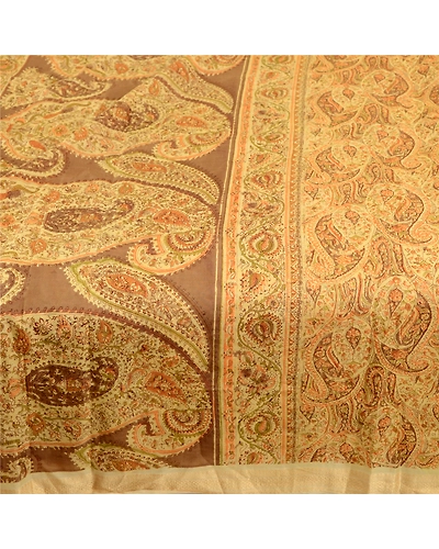Sanskriti Vintage Sarees Beige Pure Silk Printed Sari Floral 5Yd Craft Fabric, PR-60593-Beige-Printed Floral Design-Pure Silk-3