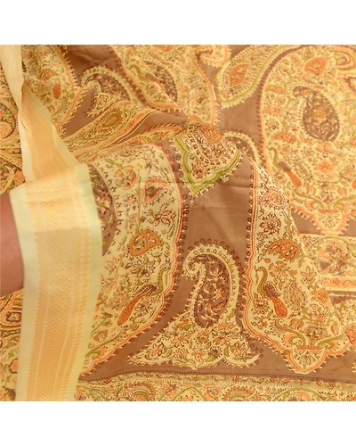 Sanskriti Vintage Sarees Beige Pure Silk Printed Sari Floral 5Yd Craft Fabric, PR-60593-Beige-Printed Floral Design-Pure Silk-5