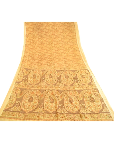 Sanskriti Vintage Sarees Beige Pure Silk Printed Sari Floral 5Yd Craft Fabric, PR-60593-Beige-Printed Floral Design-Pure Silk-7