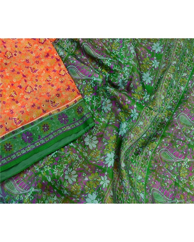 Sanskriti Vintage Sarees Orange 100% Pure Silk Printed Sari Soft Craft Fabric, PR-60603-Orange-Printed Floral Design-Pure Silk-2