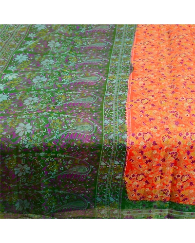Sanskriti Vintage Sarees Orange 100% Pure Silk Printed Sari Soft Craft Fabric, PR-60603-Orange-Printed Floral Design-Pure Silk-3