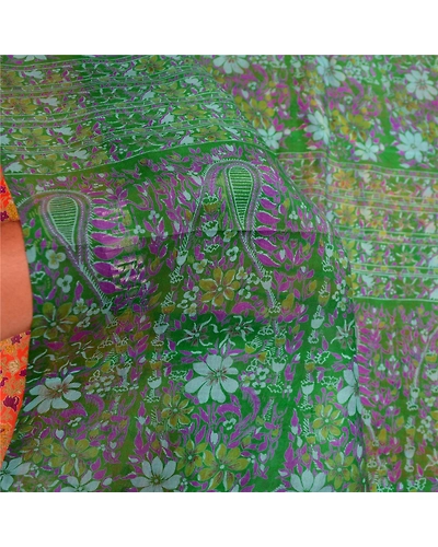 Sanskriti Vintage Sarees Orange 100% Pure Silk Printed Sari Soft Craft Fabric, PR-60603-Orange-Printed Floral Design-Pure Silk-5