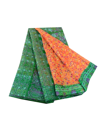 Sanskriti Vintage Sarees Orange 100% Pure Silk Printed Sari Soft Craft Fabric, PR-60603-Orange-Printed Floral Design-Pure Silk-6