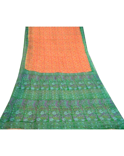 Sanskriti Vintage Sarees Orange 100% Pure Silk Printed Sari Soft Craft Fabric, PR-60603-Orange-Printed Floral Design-Pure Silk-7