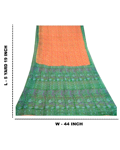 Sanskriti Vintage Sarees Orange 100% Pure Silk Printed Sari Soft Craft Fabric, PR-60603-Orange-Printed Floral Design-Pure Silk-8