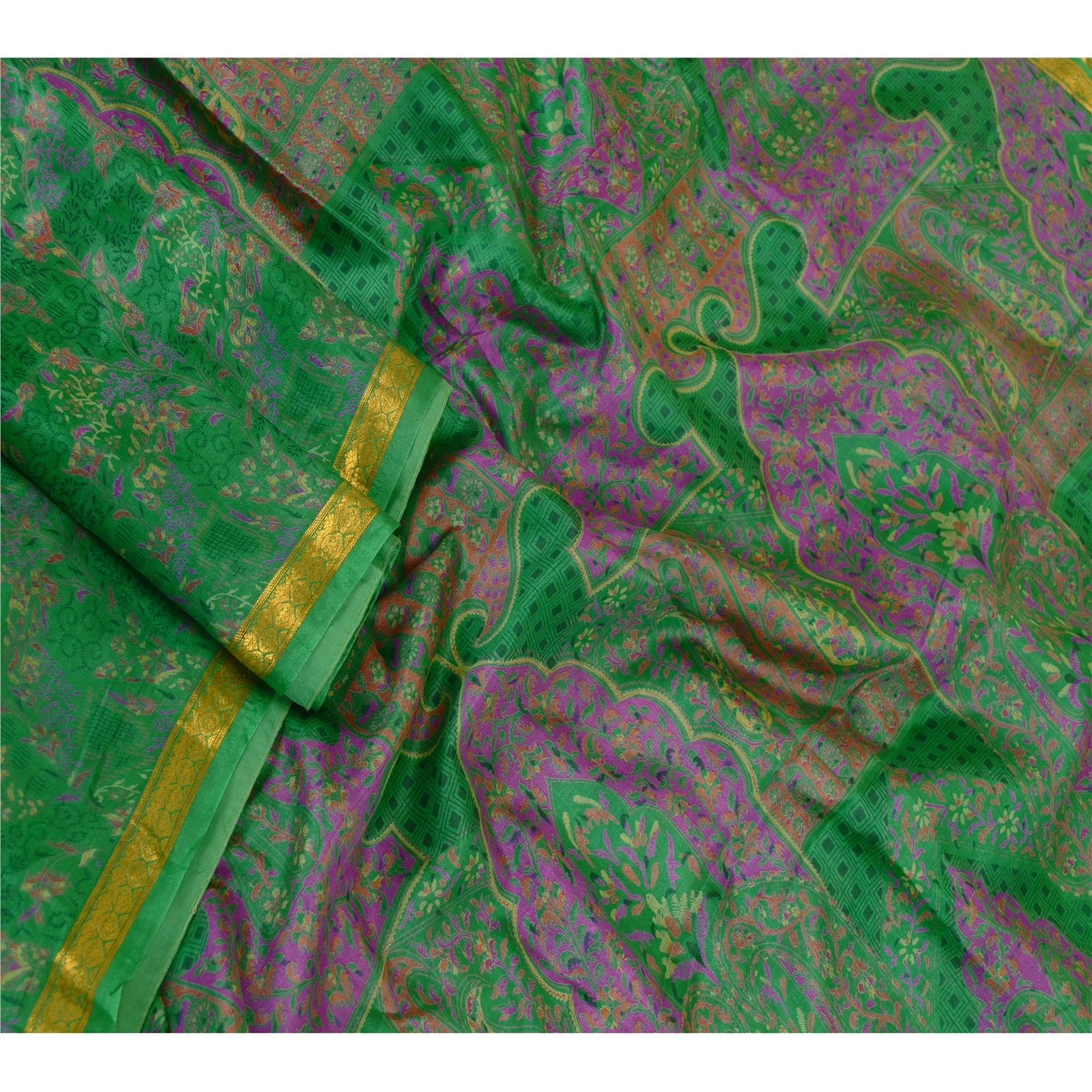 Sanskriti Vintage Sarees Green Pure Silk Printed Zari Border Sari Craft Fabric, PR-60634-Green-Printed Floral Design-Pure Silk-1