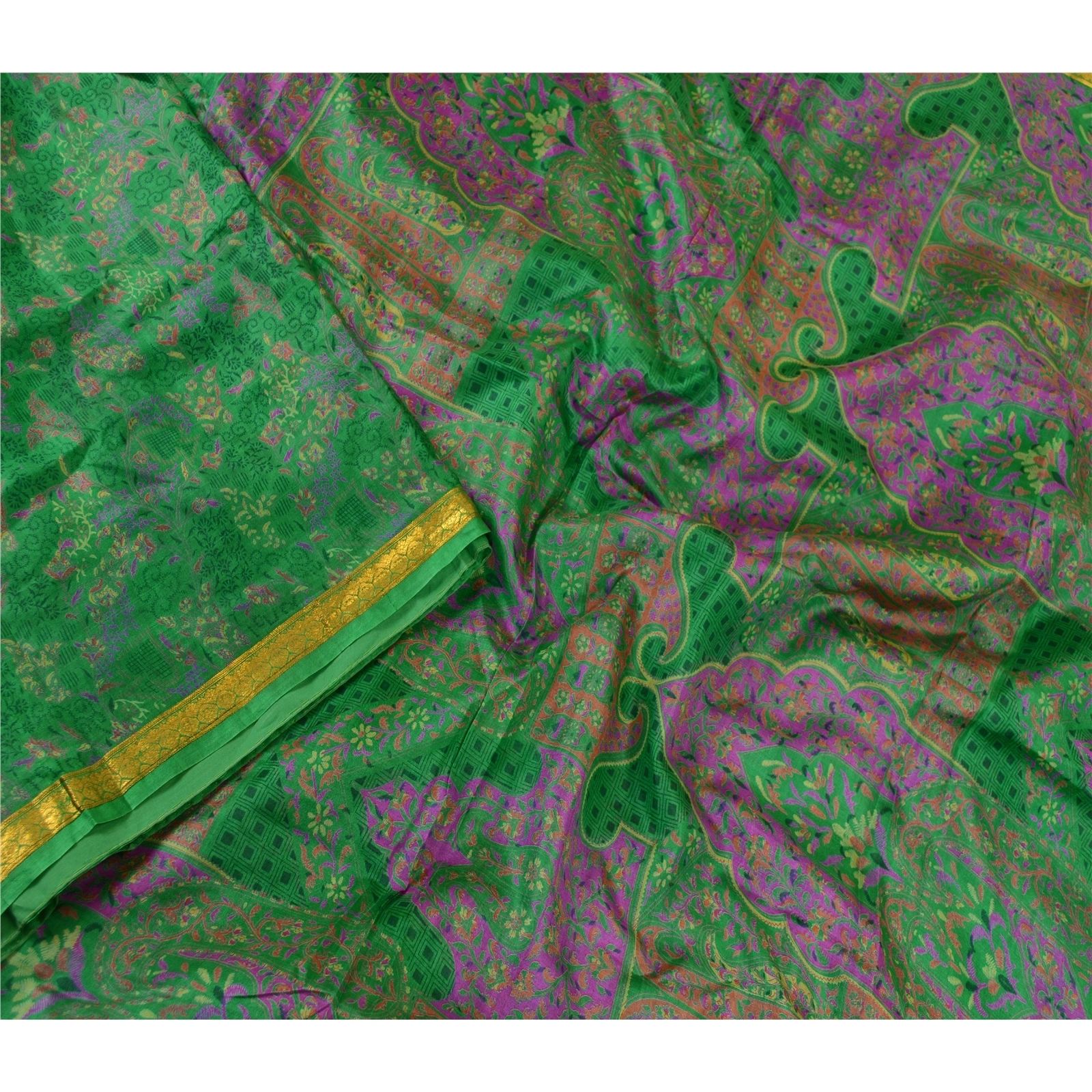 Sanskriti Vintage Sarees Green Pure Silk Printed Zari Border Sari Craft Fabric, PR-60634-Green-Printed Floral Design-Pure Silk-2