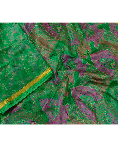 Sanskriti Vintage Sarees Green Pure Silk Printed Zari Border Sari Craft Fabric, PR-60634-Green-Printed Floral Design-Pure Silk-2