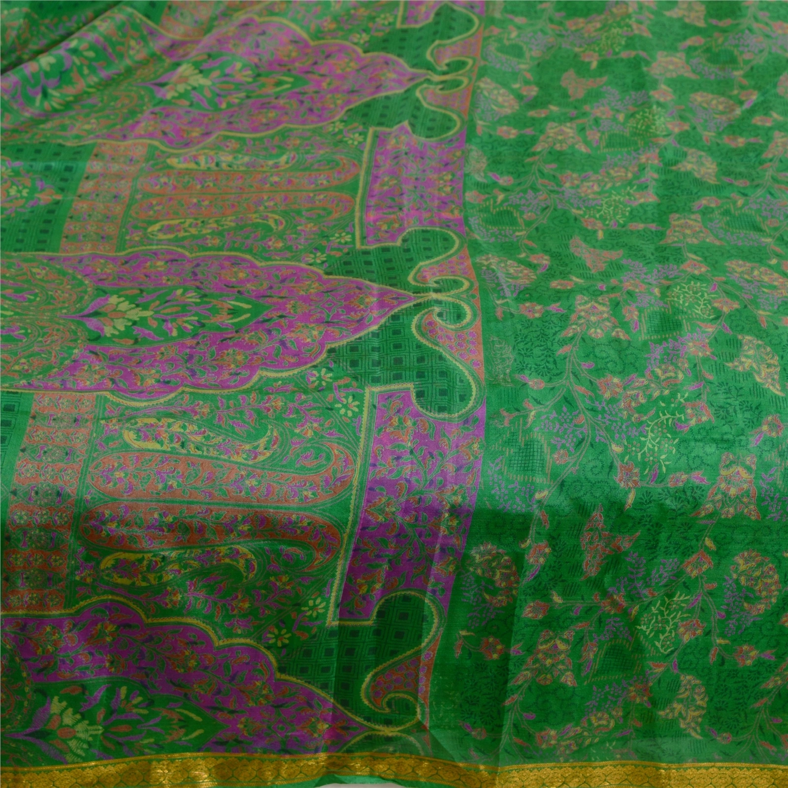 Sanskriti Vintage Sarees Green Pure Silk Printed Zari Border Sari Craft Fabric, PR-60634-Green-Printed Floral Design-Pure Silk-3