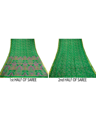 Sanskriti Vintage Sarees Green Pure Silk Printed Zari Border Sari Craft Fabric, PR-60634-Green-Printed Floral Design-Pure Silk-4