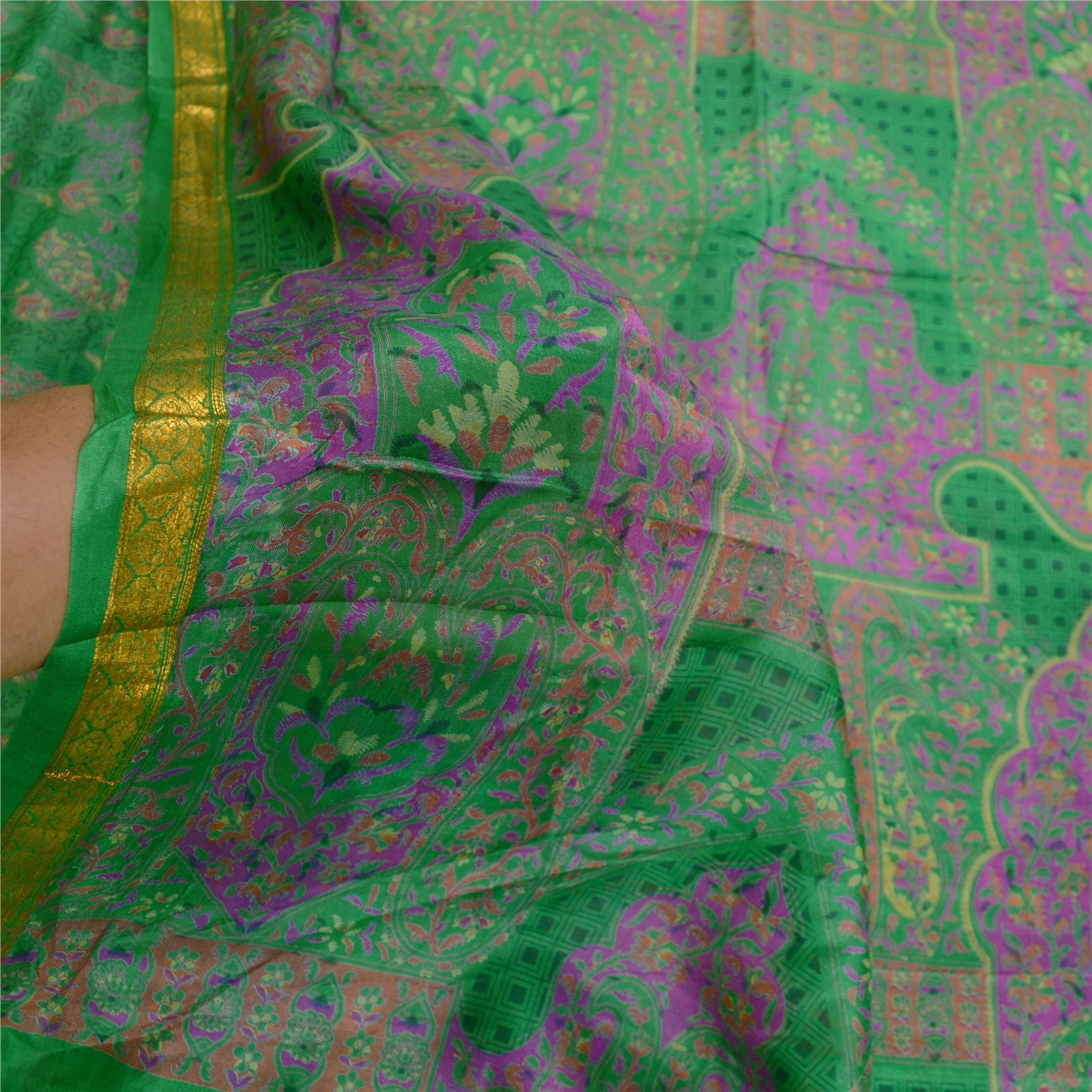 Sanskriti Vintage Sarees Green Pure Silk Printed Zari Border Sari Craft Fabric, PR-60634-Green-Printed Floral Design-Pure Silk-5