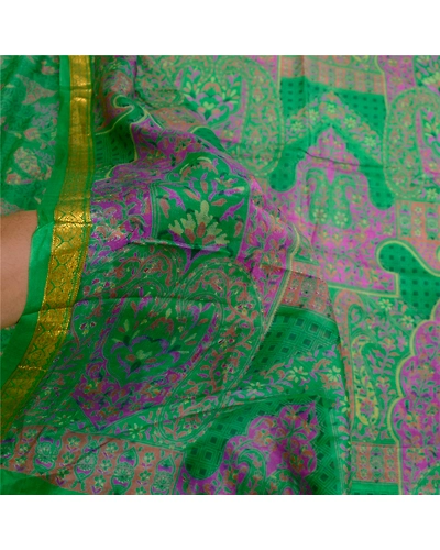 Sanskriti Vintage Sarees Green Pure Silk Printed Zari Border Sari Craft Fabric, PR-60634-Green-Printed Floral Design-Pure Silk-5