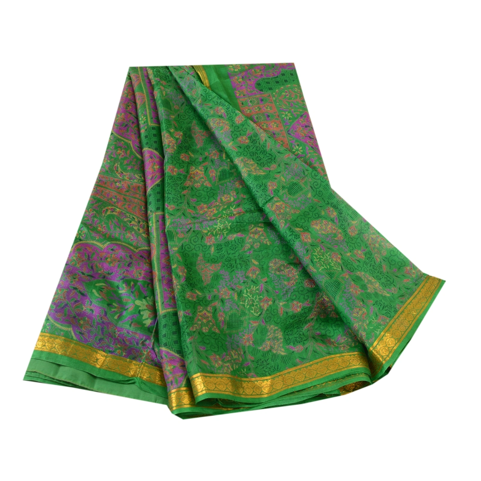 Sanskriti Vintage Sarees Green Pure Silk Printed Zari Border Sari Craft Fabric, PR-60634-Green-Printed Floral Design-Pure Silk-6