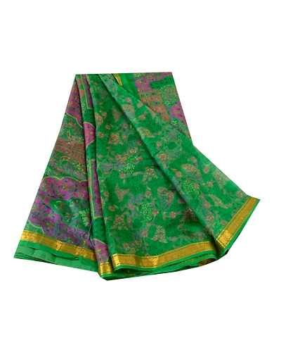 Sanskriti Vintage Sarees Green Pure Silk Printed Zari Border Sari Craft Fabric, PR-60634-Green-Printed Floral Design-Pure Silk-6