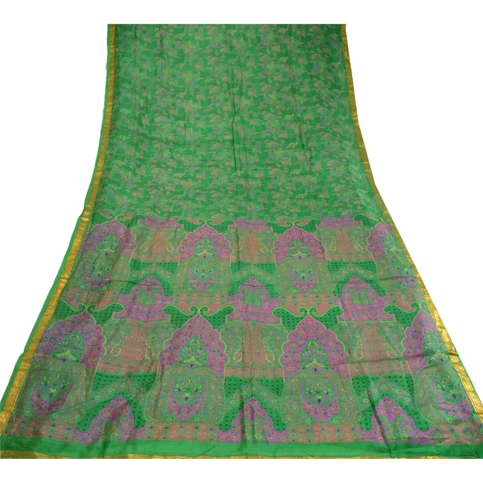 Sanskriti Vintage Sarees Green Pure Silk Printed Zari Border Sari Craft Fabric, PR-60634-Green-Printed Floral Design-Pure Silk-7