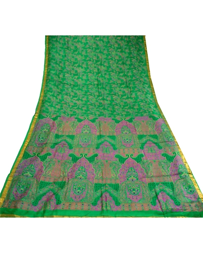 Sanskriti Vintage Sarees Green Pure Silk Printed Zari Border Sari Craft Fabric, PR-60634-Green-Printed Floral Design-Pure Silk-7