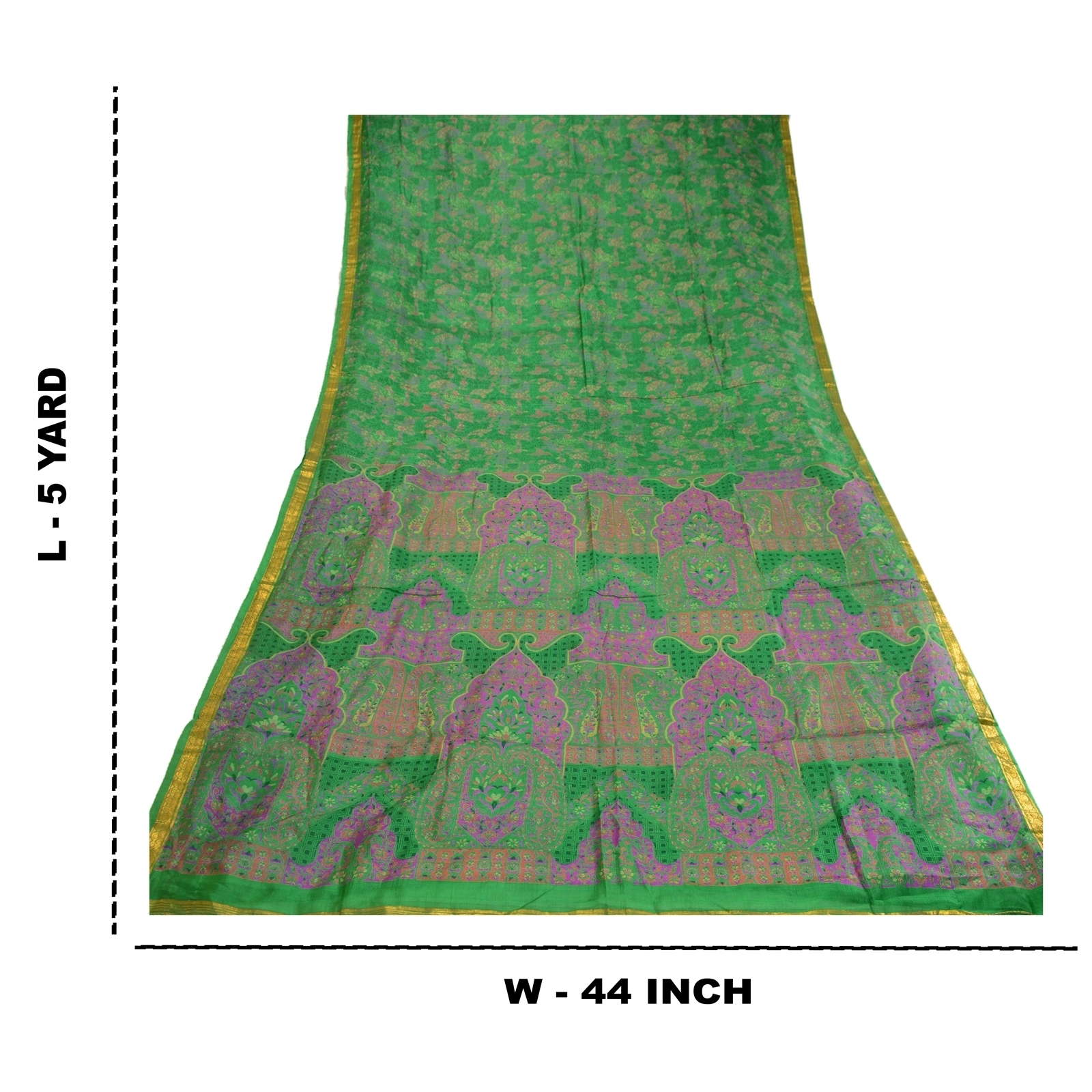 Sanskriti Vintage Sarees Green Pure Silk Printed Zari Border Sari Craft Fabric, PR-60634-Green-Printed Floral Design-Pure Silk-8