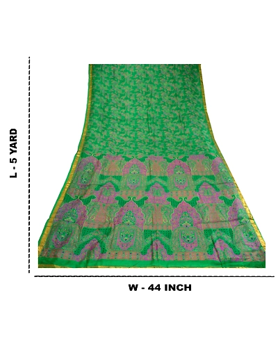 Sanskriti Vintage Sarees Green Pure Silk Printed Zari Border Sari Craft Fabric, PR-60634-Green-Printed Floral Design-Pure Silk-8
